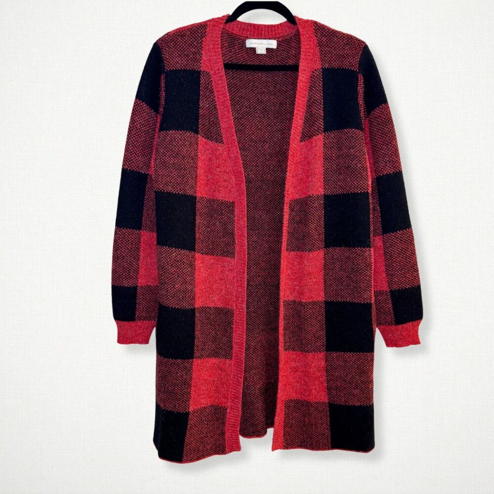 Monteau Los Angeles Womenโs M Red Black Buffalo Plaid Open Front Long Cardigan